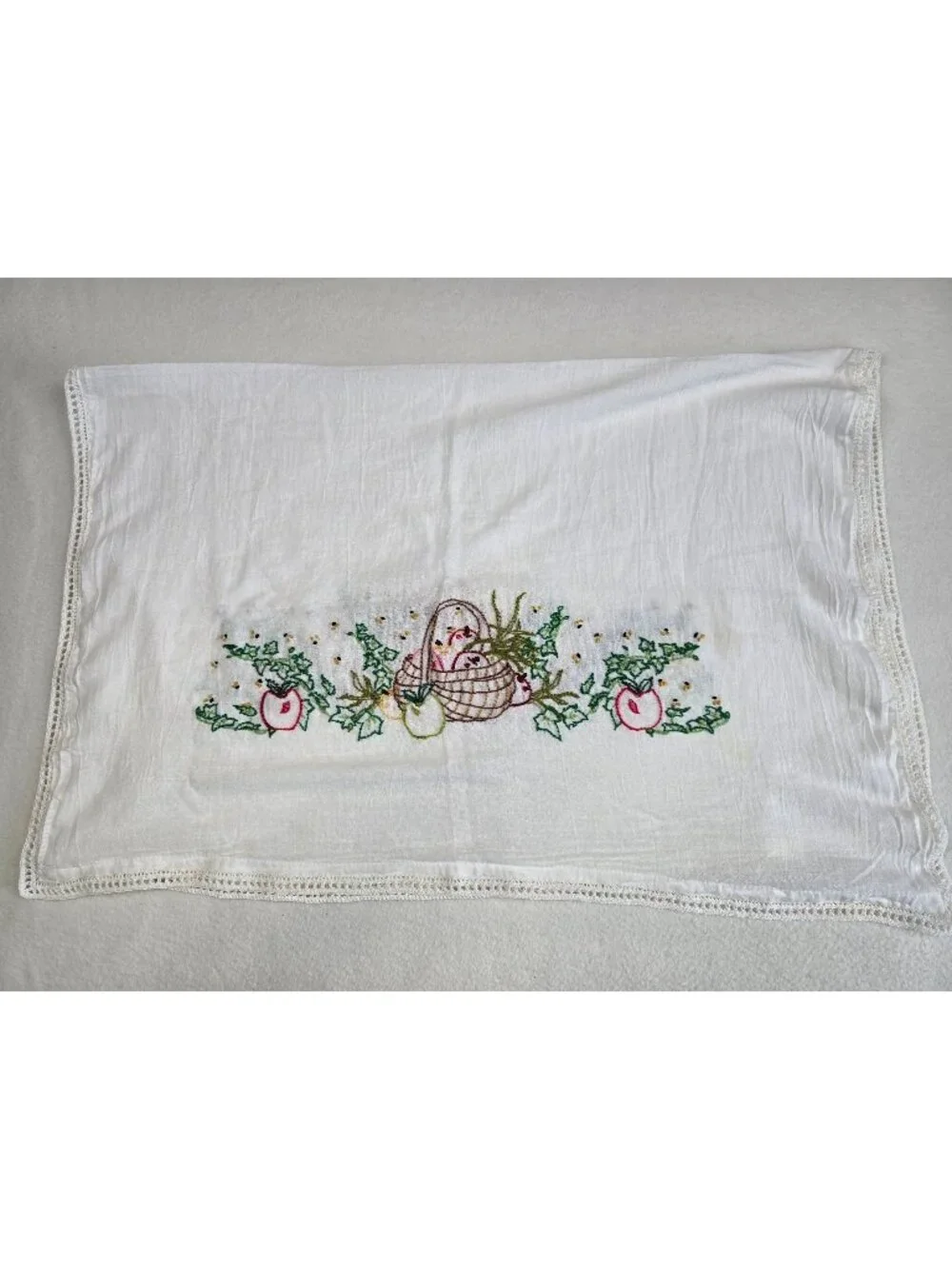 Vintage Hand-Embroidered Cotton Tablecloth Tea Towel Apple Basket Design Crochet